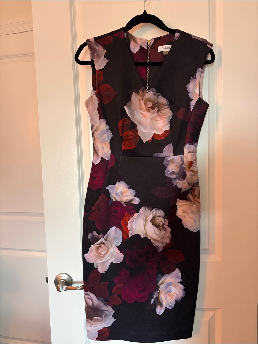 Calvin Klein Black Floral Sheath Dress with White and Burgundy Blooms